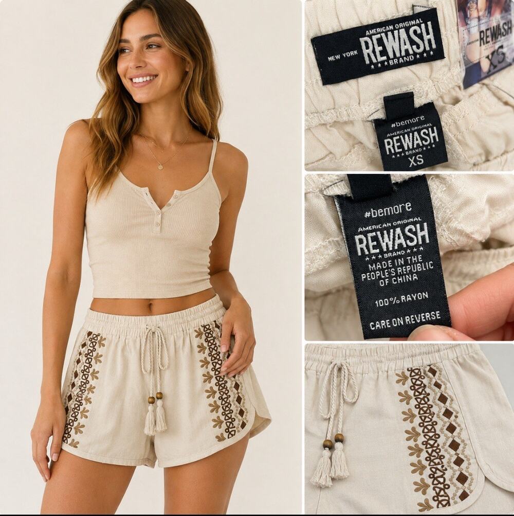 NWT Boho Beachy Rewash Embroidered Dolphin Hem Shorts Size XS Cream Tassel Tie